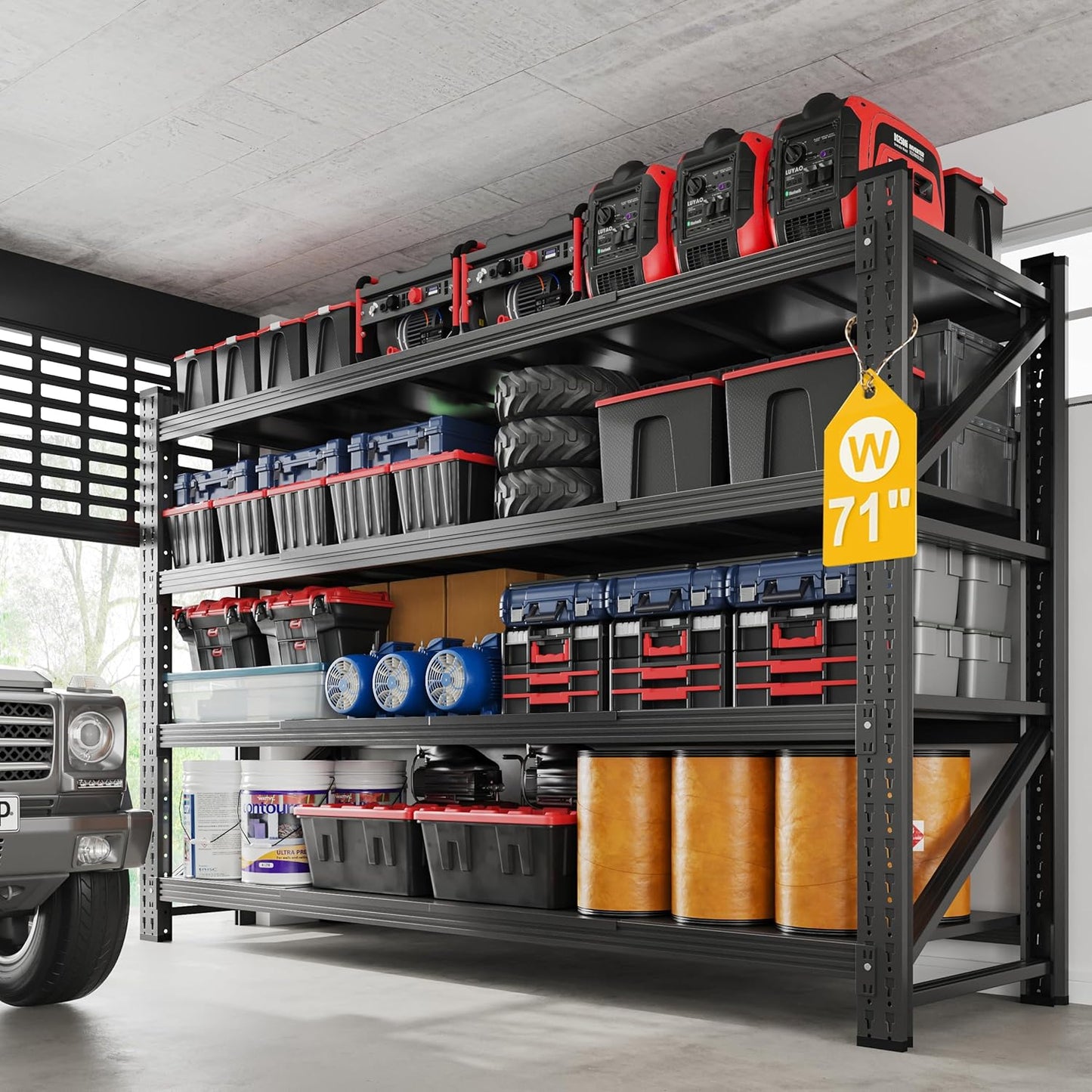 5000LBS Metal Steel Storage Shelves - 71.3" W Black 4 Tier Heavy Duty Rack Commercial Industrial Shelving with Adjustable Shelf for Basement Garage Warehouse - 71.3" W x 24" D x 70" H