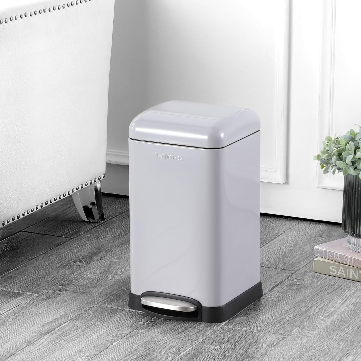 happimess HPM1012E Betty Retro Mini 3.2-Gallon Step-Open Trash Can, Fingerprint Resistant, Modern, Minimalistic for Home, Kitchen, Laundry Room, Office, Bedroom, Bathroom, Fog Gray