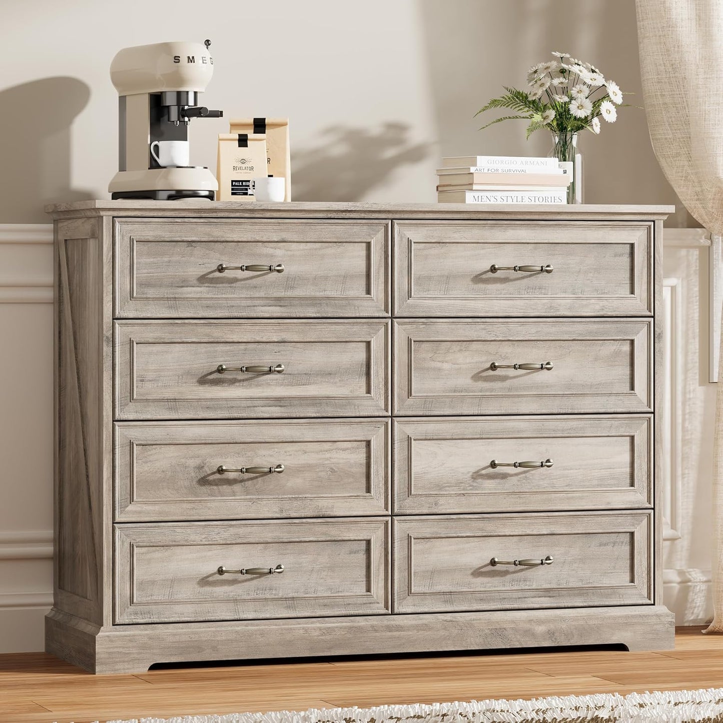 8 Drawer Dresser for Bedroom, 47" Wide Wooden Chest of Drawers, Rustic Farmhouse Dresser with Large Drawers & Metal Handles, Modern Storage Organizer for Closet, Living Room, Hallway, Grey