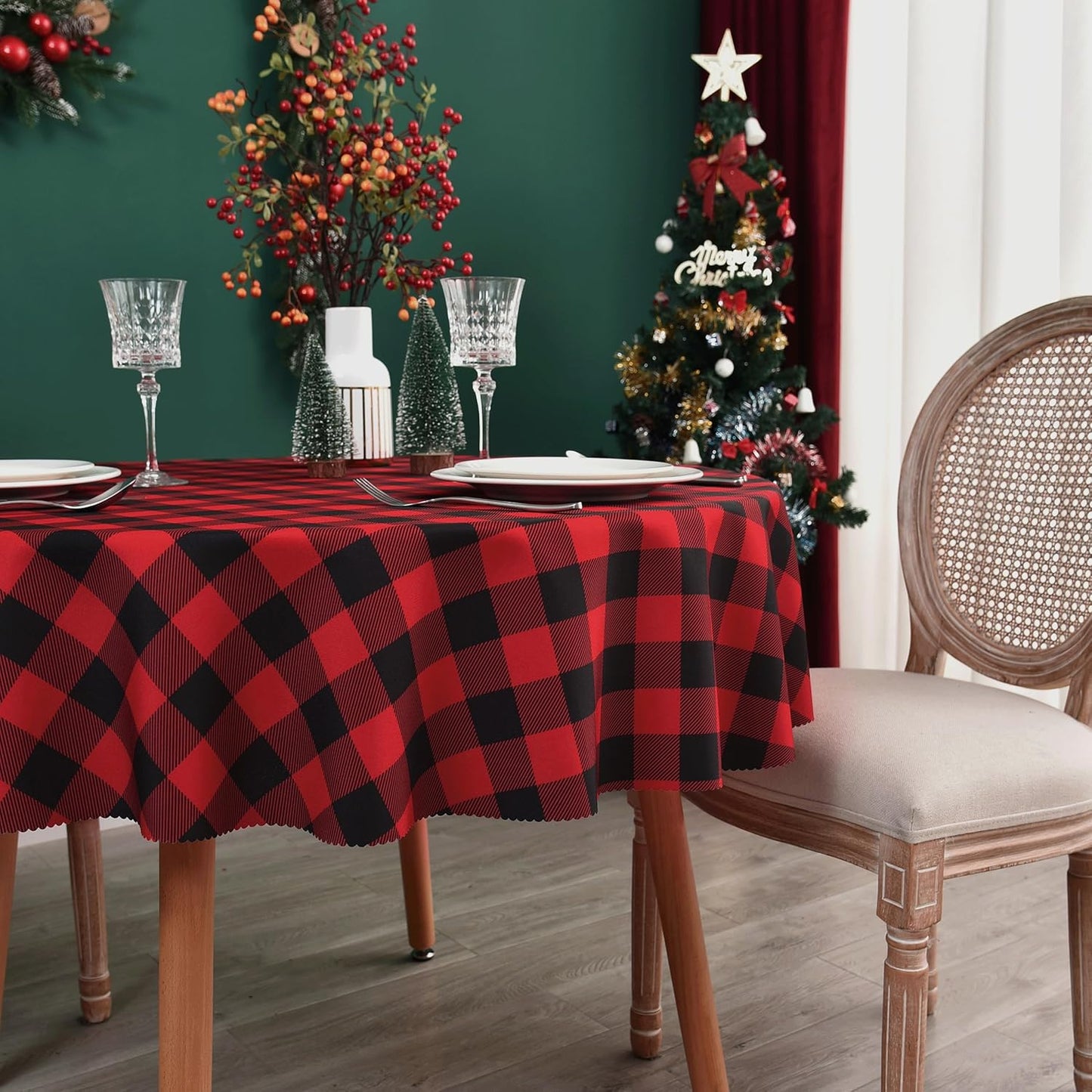 Waterproof Plaid Tablecloth Fabric - Round 58 Inch Classic Gingham Checker Table Cloth for Indoor/Outdoor Use - Buffalo Table Cover for Picnics, BBQs, and Parties