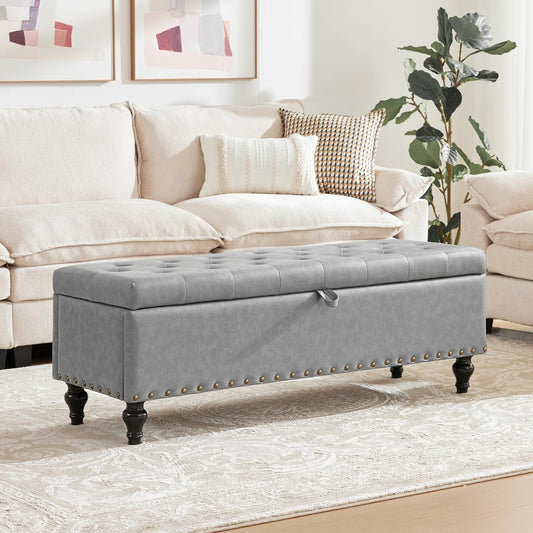 51.8’’ Storage Ottoman Bench, Faux Leather Ottoman with Storages, Window Benches Holds up to 330lbs, Upholstered Storage Bench for Bedroom, Living Room, Entryway and Family Room, Light Gray