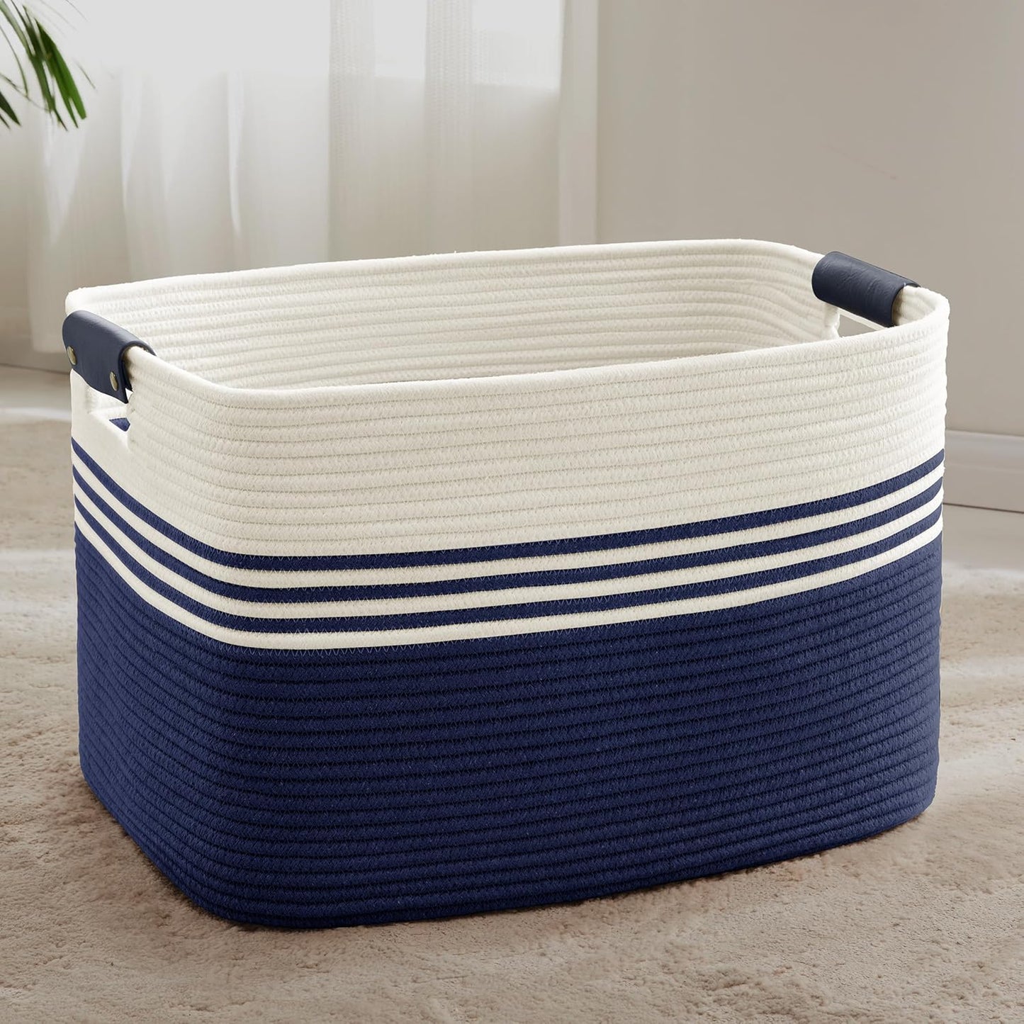 86L Extra Large Laundry Basket with Leather Handles for Living Room Storage, Woven Rope Baskets for Blanket, Kids Toy, Gifts, Wicker Hamper for Bedroom Dirty Clothes, 24"x16"x14" White Navy