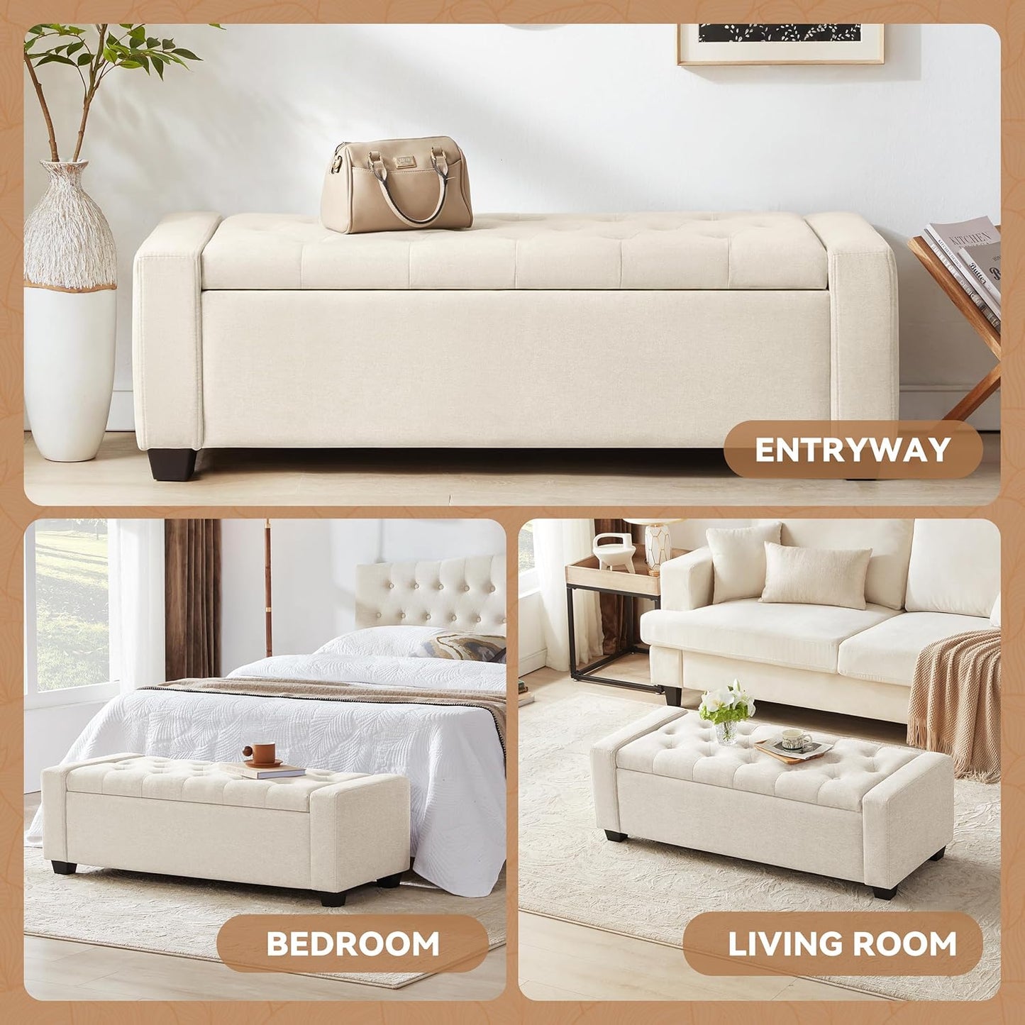 48" Ottoman with Storage, Large Storage Ottoman Bench for Bedroom with Safety Hinge, Upholstered Tufted Window Benches, End of Bed Bench for Living Room, Entryway Bench with Seating, Beige