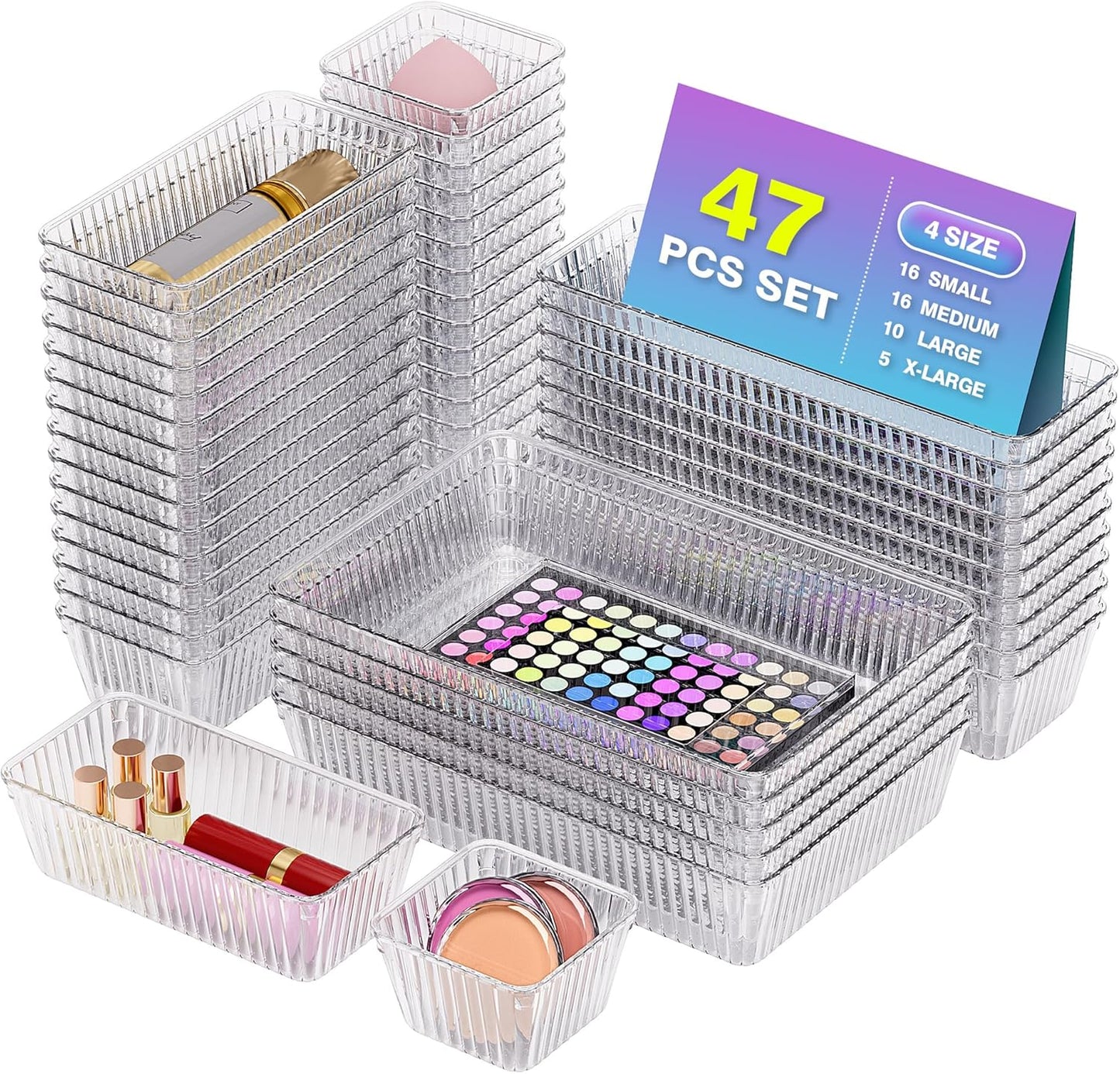 47 PCS Clear Plastic Drawer Organizer Set - 4 Sizes Makeup Organizer Desk Drawer Divider Bathroom Organizers and Storage Bins for Makeup, Jewelry, Gadgets, Office, Kitchen, Bedroom, Bathroom
