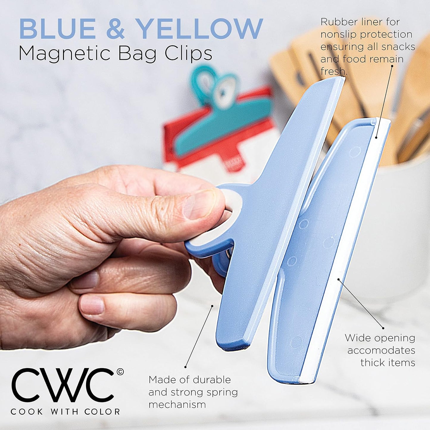 COOK WITH COLOR Bag Clips - Heavy Duty Chip Clip and Refrigerator Magnet Clips for Food Storage with Air Tight Seal Grip, Yellow and Blue, Pack of 8