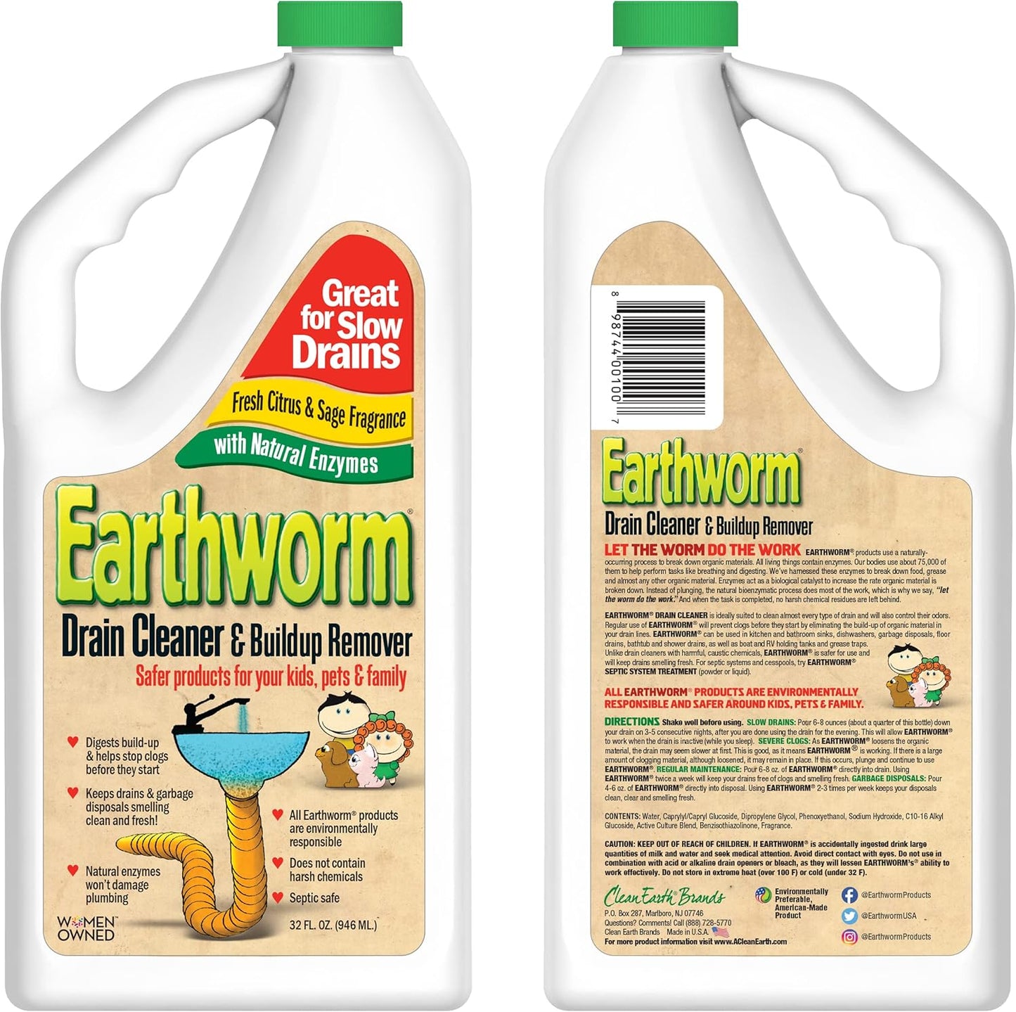 Earthworm Drain Cleaner - Clog Remover - Drain Opener/Deodorizer - Natural Enzymes, Safer for Families, Environmentally Responsible - 32 fl oz