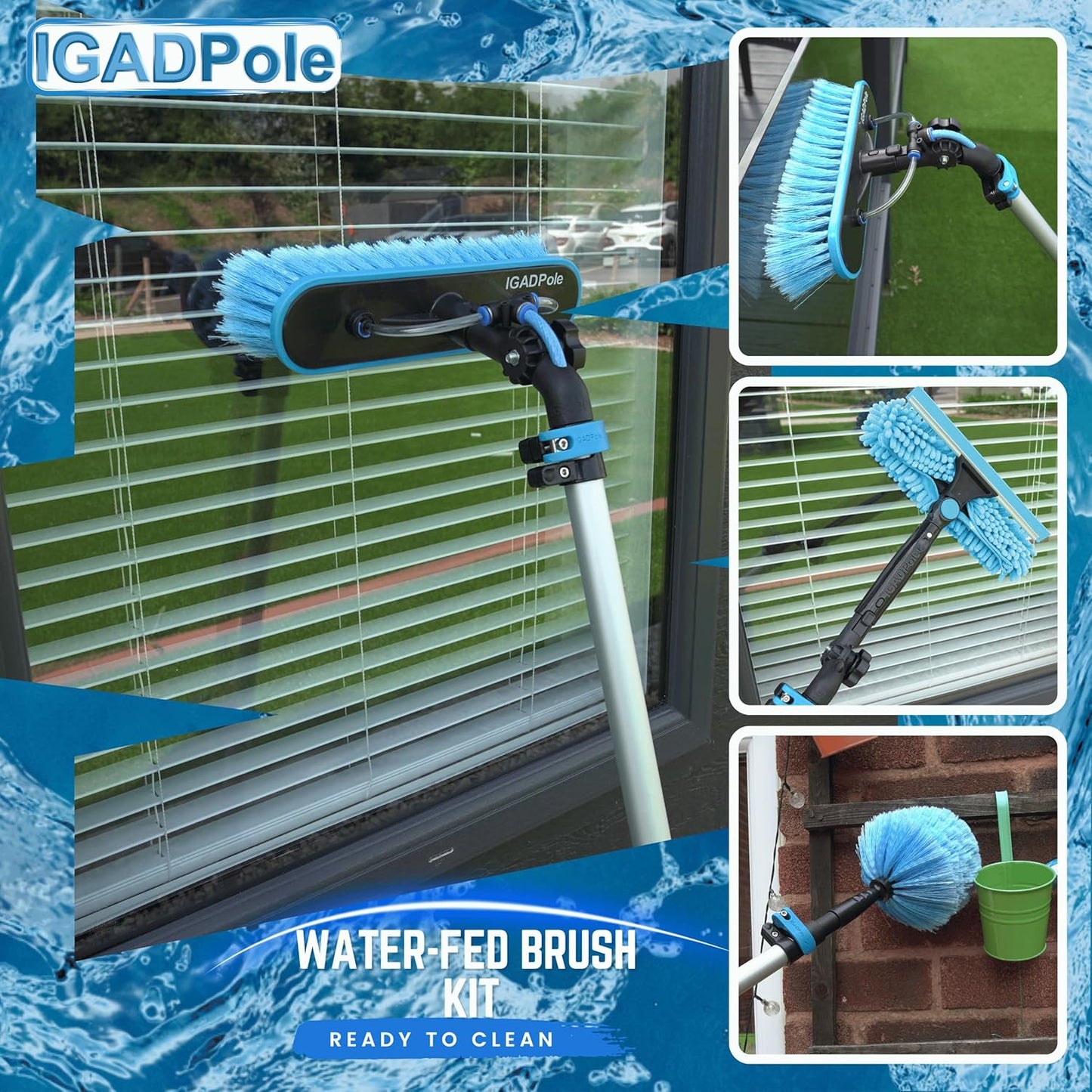 23ft IGADPole Washing Kit: Water-fed Brush, Cobweb Duster and 10” Squeegee and Soap Dispenser, with 4-Stage Telescoping Pole 5-17ft Pole