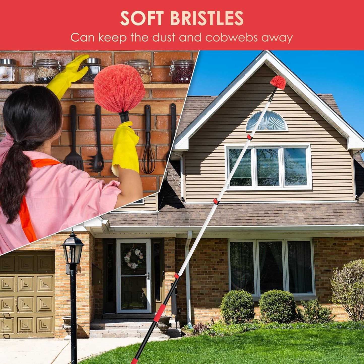 5-12 FT Cobweb Duster with Extension Pole, 20 FT High Reach Spider Web Brush with Telescopic Pole, Extendable Duster with 2 Outdoor Cobweb Brushes, Duster for High Ceiling