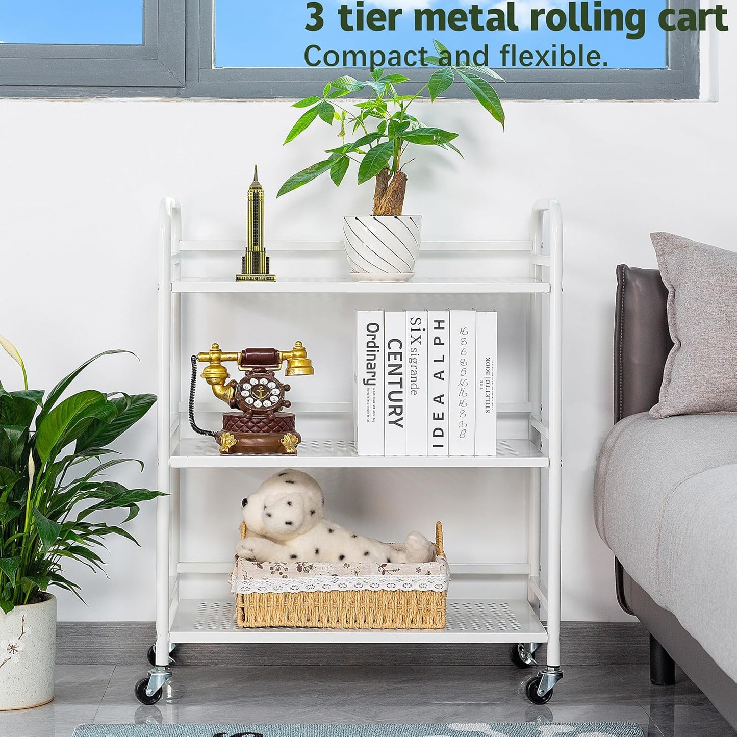HDANI 3 Tier Metal Rolling Heavy Cart Supports 40 Lbs Per Tier,Rolling Cart with 2 Lockable Wheels for Office,Home,Bedroom,Kitchen,Bathroom(White)…