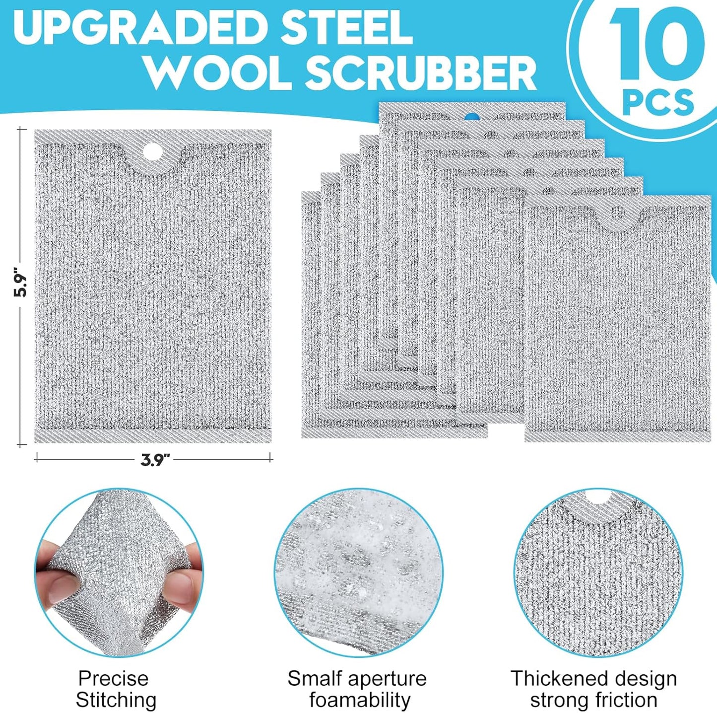 Steel Wool Scrubber, Wire Dishwashing Rags, 10 Pcs Multipurpose Wire Dishcloth, Wet & Dry for Cookware, Sinks, Dishes, Stoves & Fireplaces 5.9“ x 3.9”