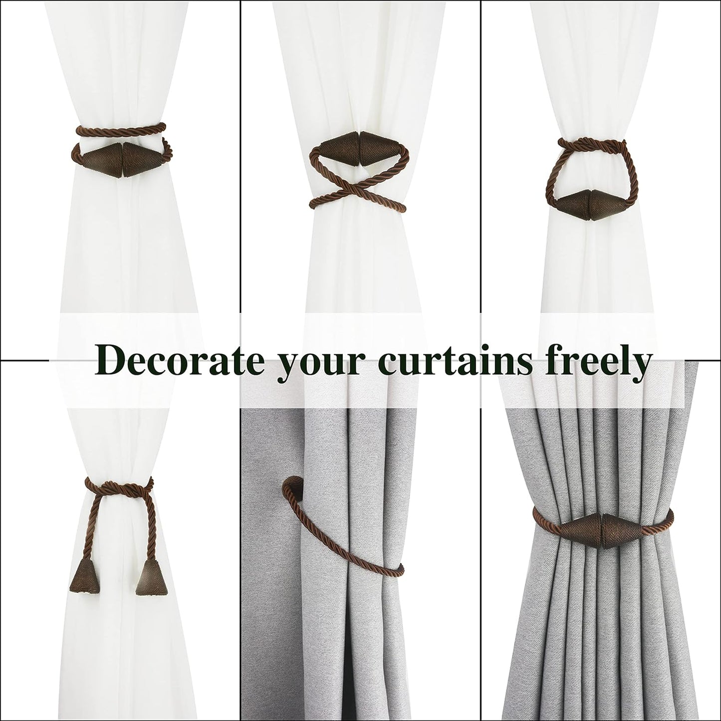 2 Pack Magnetic Curtain Tiebacks Rope Modern Handmade Curtain Tie Backs Decorative Drapes Weave Holdbacks for Window Décor, Coffee