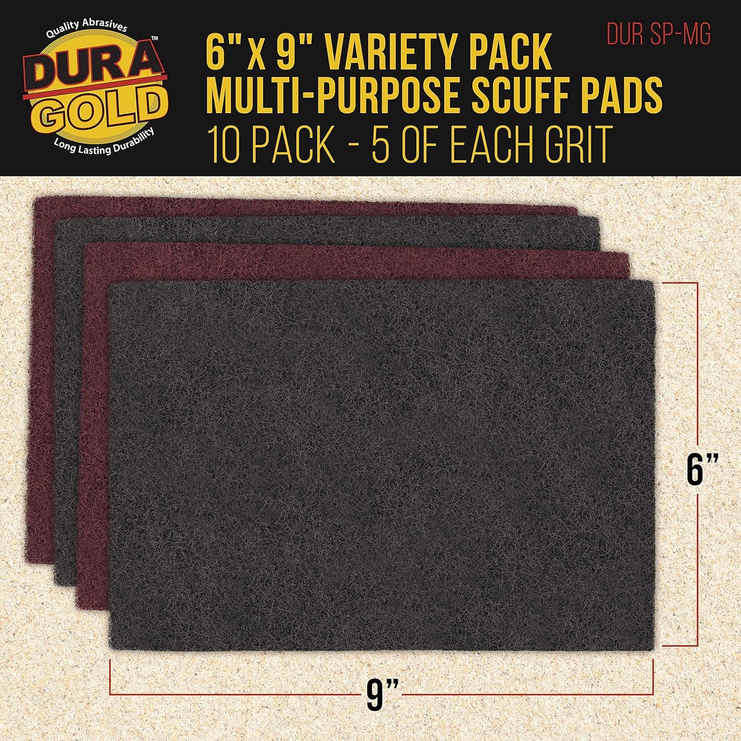 Dura-Gold Premium 6" x 9" Scuff Pads, 5 Each Maroon General Purpose & 5 Each Gray Ultra Fine - Scuffing, Scouring, Sanding, Paint Primer Prep Adhesion Scratch - Surface Preparation Automotive Autobody